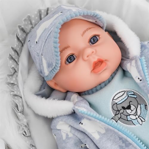 (Grey With Cap) - 18" Lifelike Large Soft Bodied Baby Doll With Dummy & Sounds Girls Boys Toy (Grey with Cap)