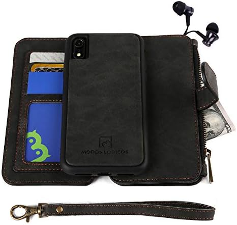 MODOS LOGICOS Case for iPhone XR, [Detachable Wallet Folio][2 in 1][Zipper Cash Storage][Up to 14 Card Slots 1 Photo Window] PU Leather Purse with Removable Inner Magnetic TPU Case - Black