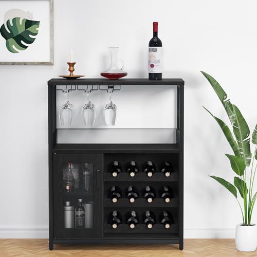 Image of IDEALHOUSE 3-Tier Wine Bar Cabinet with Detachable Wine Rack and Storage Space, Buffet Cabinet with Glass Holder and Mesh Door, for Kitchen, Living Room and Bar (Black)