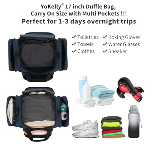 Image of Small Duffel Bag, 17 inch, Navy | 25L, Multi Pockets, Carry On, Weekender Bag, Travel Gym Sport, 17x10x9 in