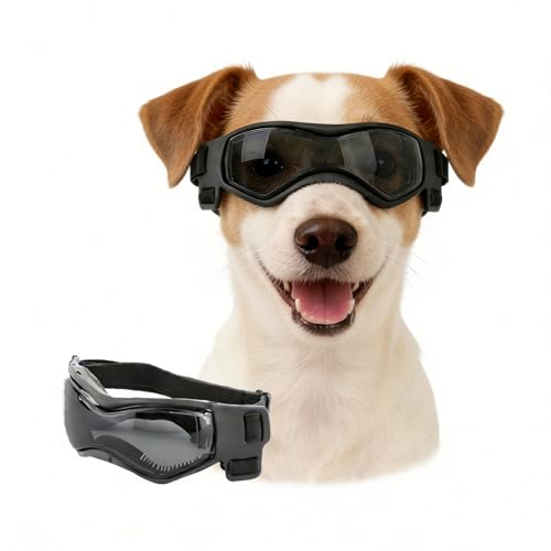 Enjoying Hund Sonnenbrille Mittlere Rasse, Hundebrille UV-Schutz, Radfahren Augenschutz für Mittlere-Kleine Hunde, im Freien Winddichte Staubdichte Anti-Nebel, Verstellbare Gurte, Cool Schwarz