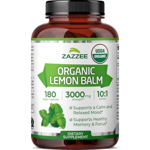 Zazzee USDA Organic Lemon Balm 10:1 Extract 180 Capsules 6 Month Supply