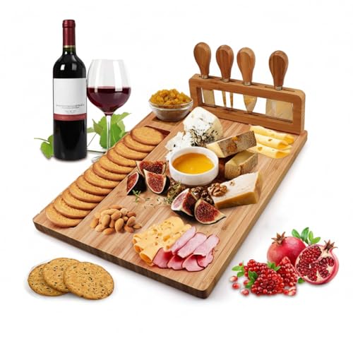 LIMOS Bamboo Cheese Board Set with Cutlery - Large Charcuterie Platter with 4 Stainless Steel Knives & Serving Utensils Natural Wood Serving Tray for Entertaining Perfect for Weddings