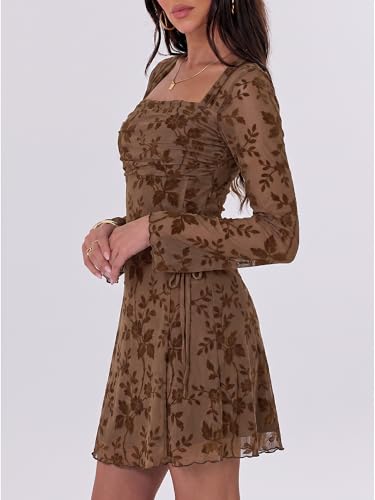 Image of Caracilia Womens Sexy Mesh Ruched Mini Dresses Long Sleeve Square Neck Tie Fall Club Party Cocktail Short Dress 2026 Fashion