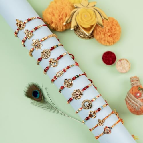 Image of Traditional Handmade Rakhi For Brothers | Designer Rudraksha, Pearl, & Beaded Wrist Bands| Thread Rakhi For Bhaiya, Bhabhi | Elegant Handcrafted Bracelet For Raksha Bandhan - Set Of 12