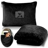Weiche & Warme Reisedecke für Flugzeug & Auto, Reisedecke Kissen 2 in 1, 152 x 127 cm Weiche Flugzeugdecke, Ultraleichte Kuscheldecke Kompakte Decke für Flugzeug, Auto, Büro, Zuhause (Schwarz)