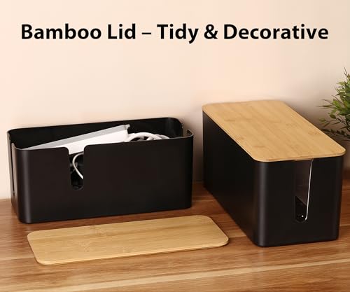 Image of ZhiYo Large Cable Management Box, Thick ABS Power Strip Organizer, Black | Extra-Tall Design for Oversized Adapters, Natural Bamboo Lid, Fits Power Strips Up to 12.5 inch Long, Ideal for Desks, TV Areas
