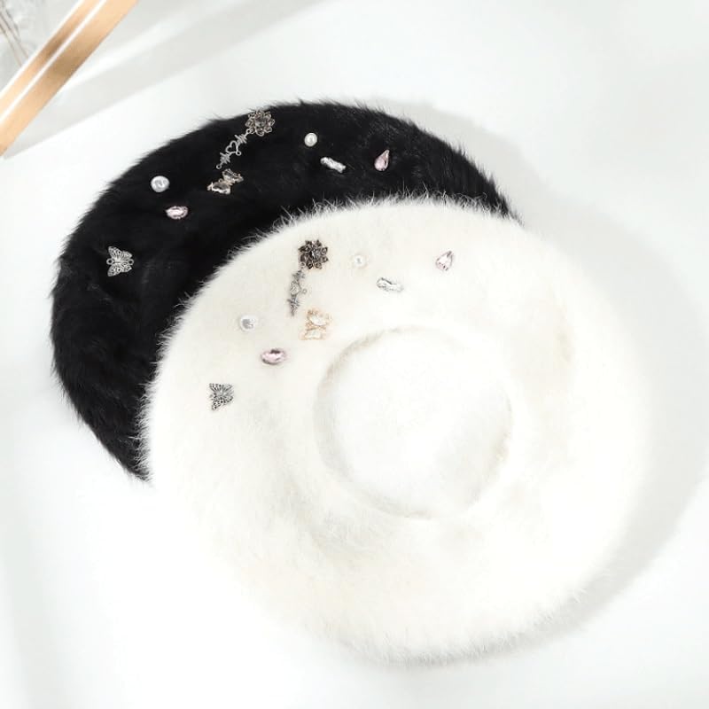 Rabbit Hair Rhinestone White Warm Beret Women's Casual Hat