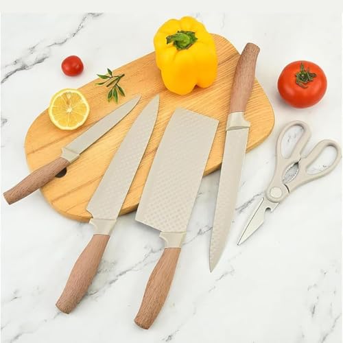 Image of Chef Knife with Leather Sheath, Full Tang Kitchen Knife with Ergonomic Wooden Handle, Multipurpose Stainless Steel Blade for Cutting Meat, Vegetables, Fruits (6 Piece Kitchen Knife Set)