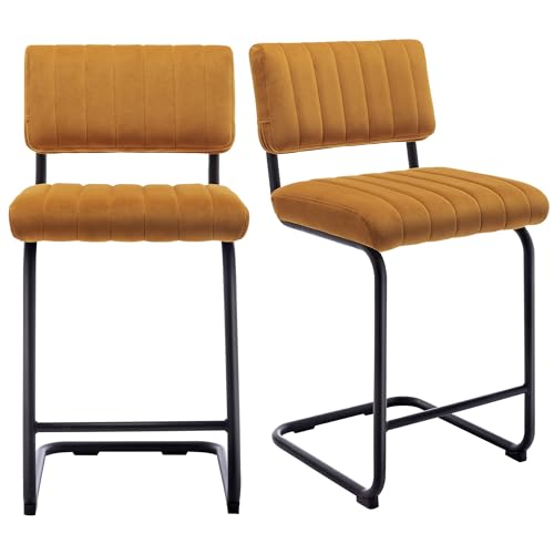 Image of ONEVOG 24 Inch Counter Bar Stools Set of 2, Mid-Century Modern Counter Height Cantilever Bar Chairs for Kitchen Island, Upholstered Velvet Fabric Barstools with Back and Matte Black Metal Legs, Orange