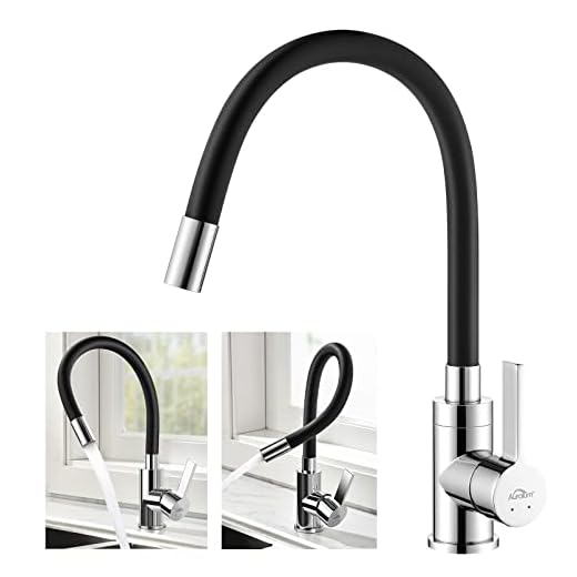 Auralum® Mezclador Grifo Cocina con Aireador Libremente Orientable Ajustable Grifos de Fregadero en Latón Negro y Cromado para Agua Caliente y Fría