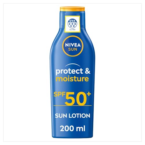 NIVEA SUN Protect & Moisture Sun Lotion SPF 50+ (200 ml) Suncream with Vitamin C and Hyaluron Provides 48H Moisture and Immediate UVA/UVB Protection Fast-Absorbing No White Cast Formula
