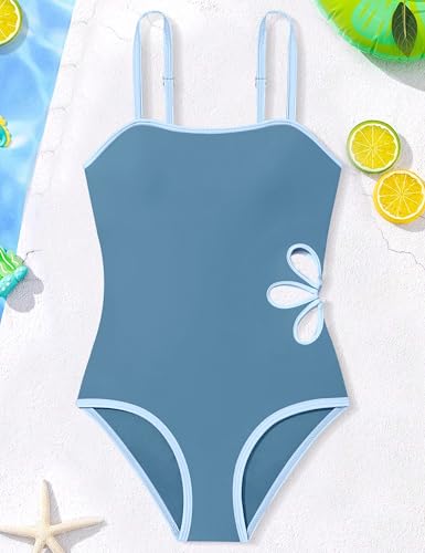 Image of Shallmu Girls Swimsuit Color Block Adjustable Straps One Piece Summer Bathing Suit for Girls 9-16 Years