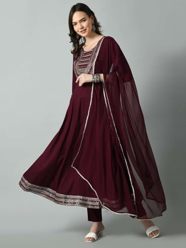 Image of Amazon Brand - Tavasya Women Rayon Straight Kurta Pant Dupatta Set | Embroidered Ethnic Suit Set | Regular Fit Kurta with Pant & Dupatta