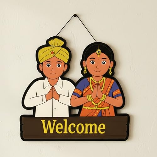 Image of EXPLEASIA Welcome Traditional Couple Decorative Wall Hanging Wooden Art Decoration Item for Home | Office | Living Room | Decoration Items| Home Decor| Wall Art | Wall Decoration (Multicolor)