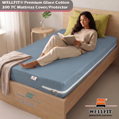 Image of WELLFIT Premium Glace Cotton 300 TC Mattress Cover /Protector for Single Size Bed with Zip /Chain /3x6 ft / 36x72x6 inch