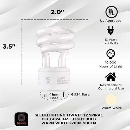 Image of 13Watt T2 Spiral CFL GU24 2 Prong Light Bulb Base 2700K 900lm -UL Approved 120v 60Hz Light Bulb- Mini Twist Lock Spiral -Self Ballasted Compact Fluorescent -Warm White Light 4pack