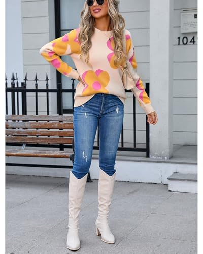 Image of Women's Long Sleeve Crewneck Floral Sweater Fall Casual Cute Oversized Knitted Pullover Jumper Top