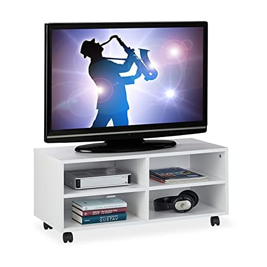 relaxdays Mueble TV Ruedas con 4 Compartimentos, Mesa Televisión Salón, Tablero de Partículas, 35 x 80 x 35 cm, Blanco