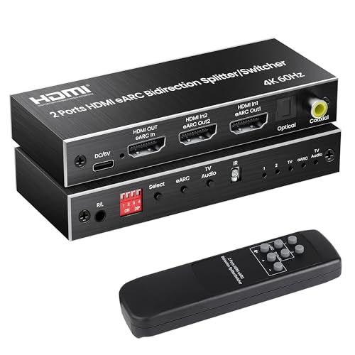 4K@60Hz HDMI eARC Splitter 1 in 2 Out avedio links HDMI Switch 2 in 1 Out with eARC/ARC Audio Extractor HDMI Bi-Direction Switch for Soundbar Support Optical Toslink SPDIF