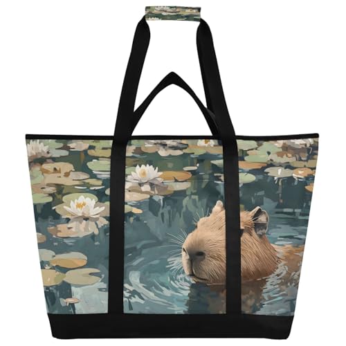 Large Insulated Reusable Tote Bag Capybara Swim Cute for Grocery Shopping for Women Men, Cooler Bag with Zippered Top & Handles for Travel Beach Picnic