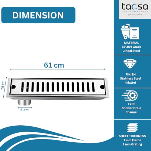 Image of Tapsa Wave Floor Drain Channel Chrome| 304 Stainless Steel | Invisible Shower Drain Channel | 24 x 4 Inches | Waste Water Floor Drain for 60x10 mm Tile | Drainer Channel | Anti Cockroach Trap | Silver