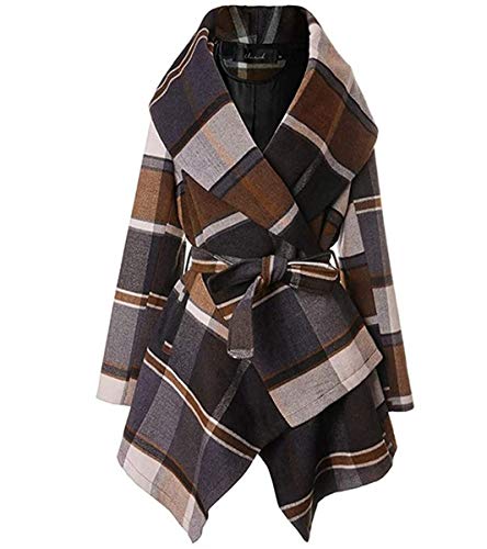HeelChic Women's Winter Warm Turn Down Collar Grid Coat Belted Wool Blend Coat Asymmetric Hem Wrap Coat