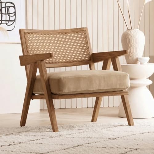Image of Kingsman Furnitures ABEL Rattan Teak Wood Accent Arm Chair for Home Bedroom, Living, Dining, Drawing Room | Ultra Soft and Comfortable for Stress Free | Removable Cushion (Beige Velvet)