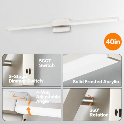 Image of SOLFART Bathroom Lights Over Mirror 40-Inch: Brushed Nickel 5CCT Dimmable Bathroom Vanity Light, Solid Frosted Acrylic, Built-in Dimmer, 360 Degree Rotation, ETL IP44