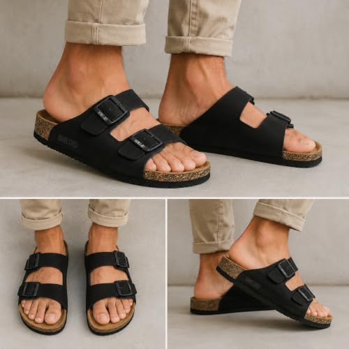 Image of Bregid Men Classic Black Nubuck Sandals | Premium Leather and Cork Footwear | Ergonomic Eva Sole for Daily Comfort and Lightweight Support | Durable Casual Summer Beach Wear for Men