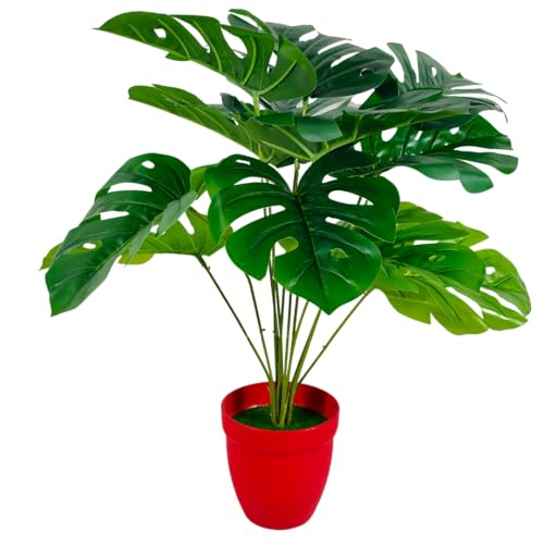 Image of Dekorly Artificial Palm Plants Leaves Faux Turtle Leaf Fake Monstera Tropical Large Palm Tree Leaves Outdoor UV Imitation Leaf Decorations (Red Pot Monstera)