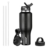HYDROWION 40 oz Insulated Water Bottle with Straw fit in Car Cup Holder(Cold 48 hrs, Hot 24 hrs) Drinking Bottle with Straw Lid, Spout Lid and Flex Cap Leakproof Travel Thermo Mug，Black