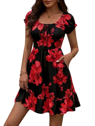 Image of HUHOT Teen Petite Women Floral Short Summer Mini Dresses with Pockets Cute Milkmaid Sundress 2026