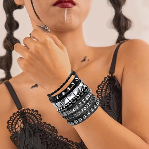 4 Pcs Punk Rock Leather Studded Bracelets for Men Women 80s Gothic Spike Cuff Bracelet Set Emo Accessories for Rocker Outfits4