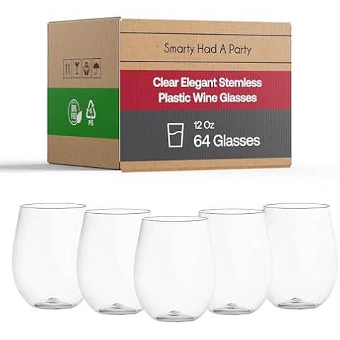 Smarty Had A Party 12 oz Wine Glasses – 64 Clear Stemless Plastic Wine Glasses, Unbreakable Disposable Drinkware for Parties, Weddings & Events, Bulk Set Cover