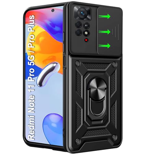 Image of TheGiftKart Tough Armor Bumper Back Cover Case for Mi Redmi Note 11 Pro /Pro Plus 5G | Kickstand & Ring Holder | 360 Degree Protection Back Cover Case (PC & TPU, Sliding Camera Cover, Black)