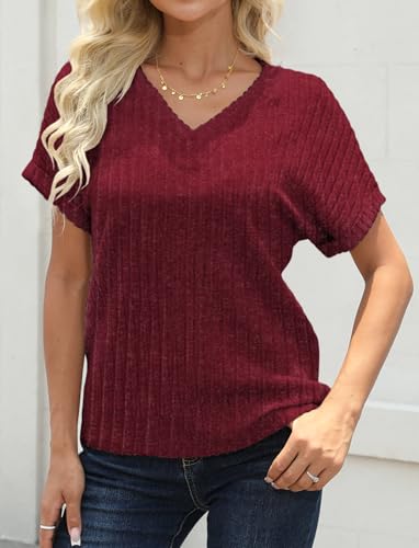 Womens Short Sleeve Sweaters V Neck Shirts Fit Pullover Summer Tunic Tops Dressy Business Casual Blouses Outfits3