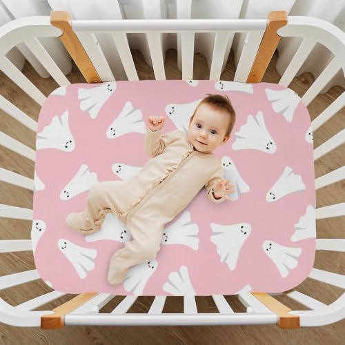 Image of Pfrewn Cute Halloween Crib Sheets for Girls Pink Halloween Ghost Fitted Crib Sheet Fits Standard Crib Mattress Pads Stretch Soft Toddler Baby Sheet, 52x28x9IN