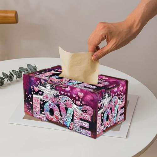 Image of Diamond Painting Tissue Box Cover - Love Letter & Cat Design Wooden DIY Rhinestone Diamond Art Kit, Cute Handmade Craft Tissue Holder for Desktop Home Office Decor