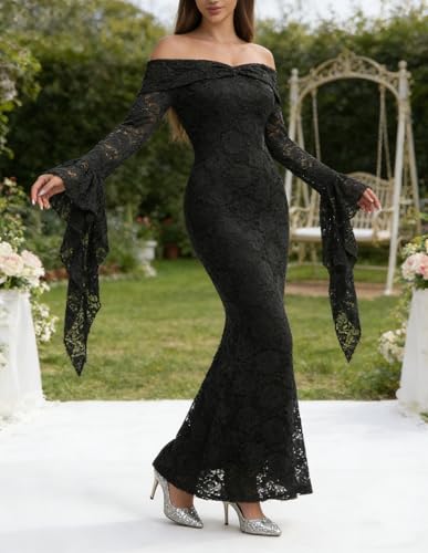 Image of Cercis Womens Off The Shoulder Floral Lace Maxi Wedding Dress Boho Flowy Wedding Guest Formal Long Dresses