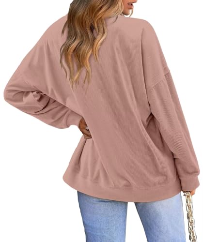 KISSMODA Women's Casual Long Sleeve Sweatshirt Color Block/Solid Crewneck Corduroy Pullover Cute Tops