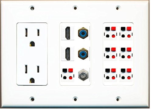 RiteAV – (3 Gang) 15 A toma de corriente 2 HDMI Coaxial 2 RCA azul 7 Jack de altavoz placa de pared blanco