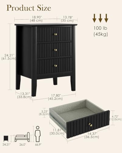 Image of Fluted Nightstand, Farmhouse Night Stand with 3 Drawers, Mid Century Modern Side Accent Table,Bedside End Table for Bedroom, Living Room, Black