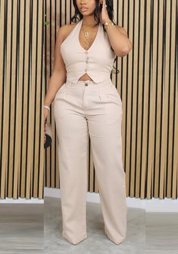 Womens 2024 Summer 2 Piece Outfits Dressy Casual Halter V Neck Crop Tops Blazer Vest Wide Leg Pants Suit Sets3