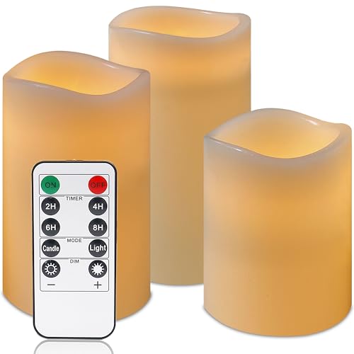 Image of VIEWELLD Flameless Candles with Remote, Battery Operated Candles, LED Pillar Candles with Timer 2 /4 /6 /8 Hours, Real Wax Pack of 3, Indoor Home Decor (Ivory)