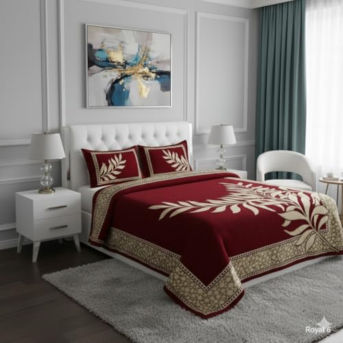 Image of Fresh from Loom Printed Bedsheet Leaf Print Print Bedsheet Set, Crafted in Chenille 500 TC Fabric with 2 Pillow Covers, Comfortable Breathable Bed Cover, B 90x100 Inches | Leaf Mahroon | Chenille