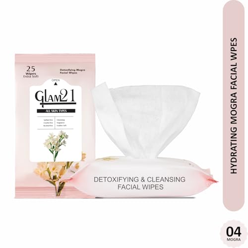 Image of Glam21 Facial Wipes | Super-Soft, Moisturizing & Refreshing | Effectively Cleans Dust, Dirt & Impurities | Gentle Daily Use Makeup Wipes | Pack of 25 PCS- Mogra