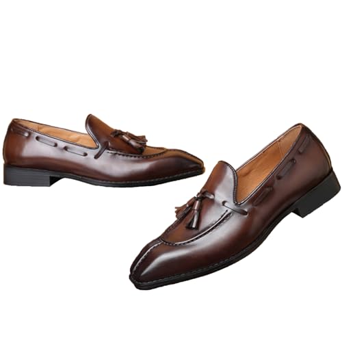 Men's Leather Tassel Dress Loafers Vintage Square Toe Slip-On Oxford Dress Shoes4