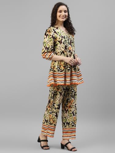 Image of DEEBACO Women's Tropical Print Rayon Peplum Top & Pants Co-Ord Set for Women V-Neck Puff 3 /4 Sleeves Ladies Party Casual Wear Fashionable for Girls Relaxed Fit Cord Set (DBCOMR00001097 L Multicolor)