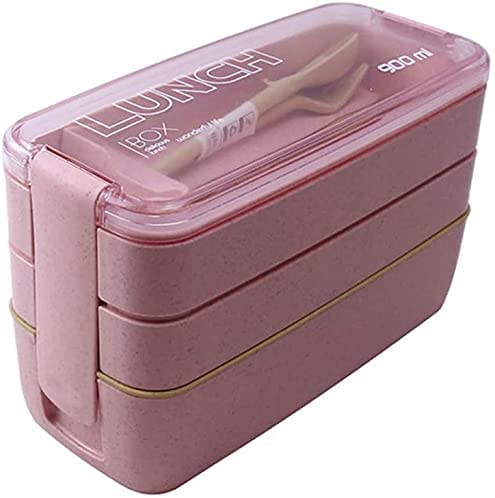 ALISSA 900ml 3 Layers Bento Box Eco-Friendly Lunch Box Food Container Wheat Straw Material Microwavable Dinnerware Lunchbox (Pink, 18.8 x 11.2 x 8.3cm)
